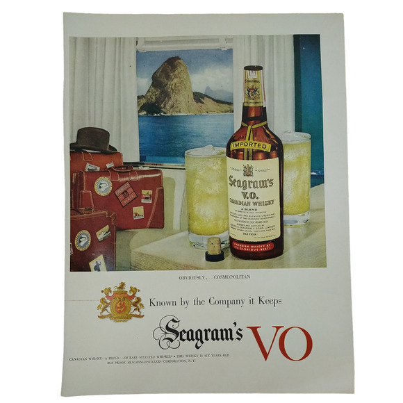 1950 Seagrams VO Whisky Vtg Magazine Print Ad Travel Stickers Cruise Scene - Picture 1 of 11